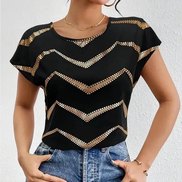 Black Short Sleeve Top with Gold Chevron Sequin Detail NWOT - Picture 5 of 5